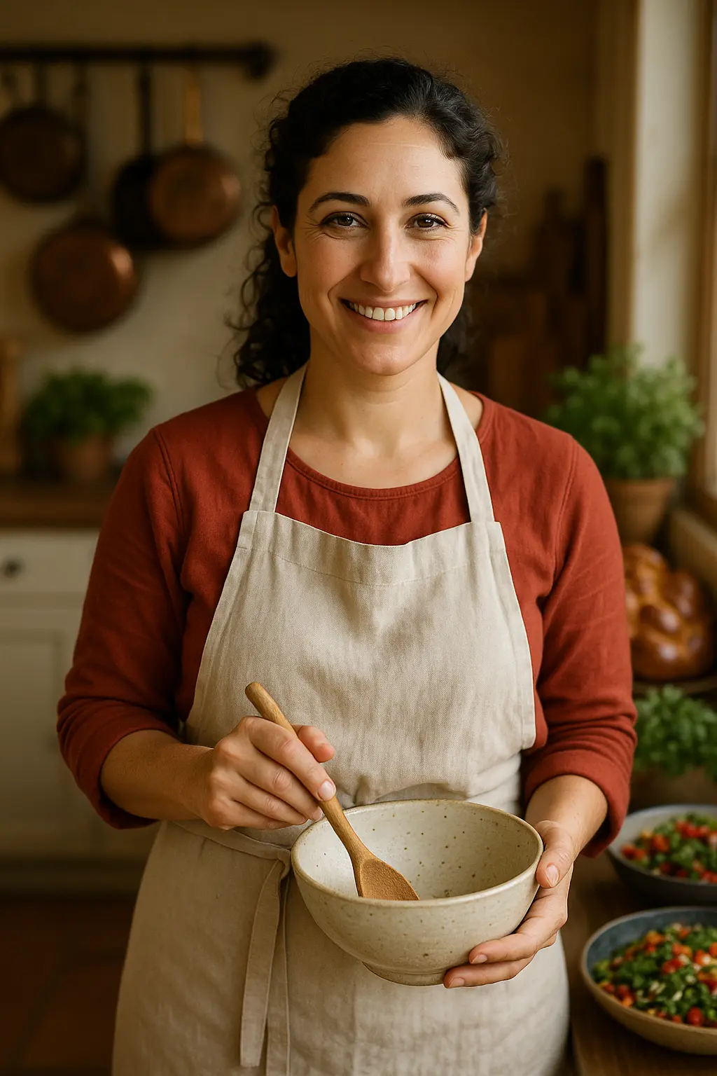 בעלת העסק, שפית של טעם הבית, מחייכת במטבח