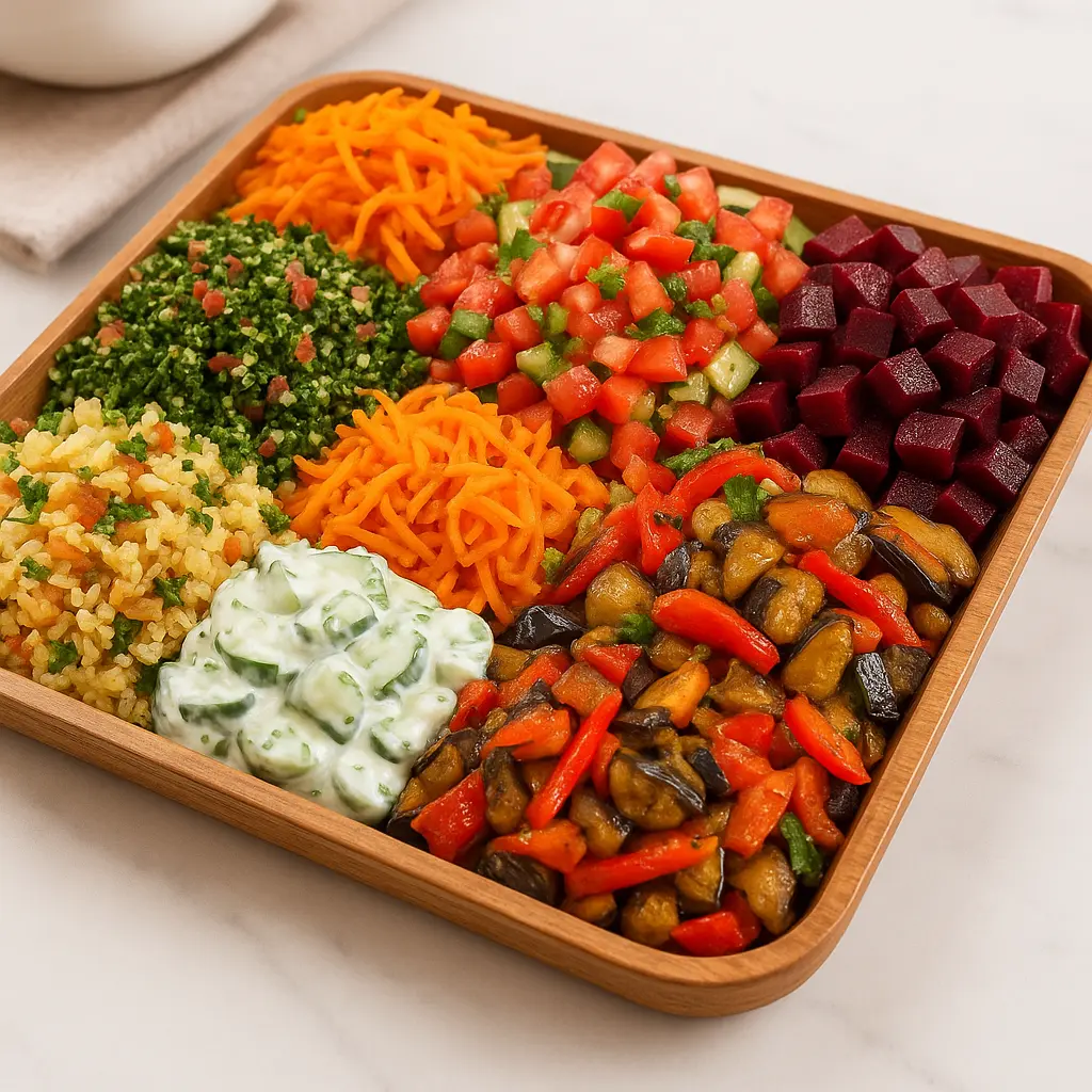 מגש אירוח עם מגוון סלטים צבעוניים