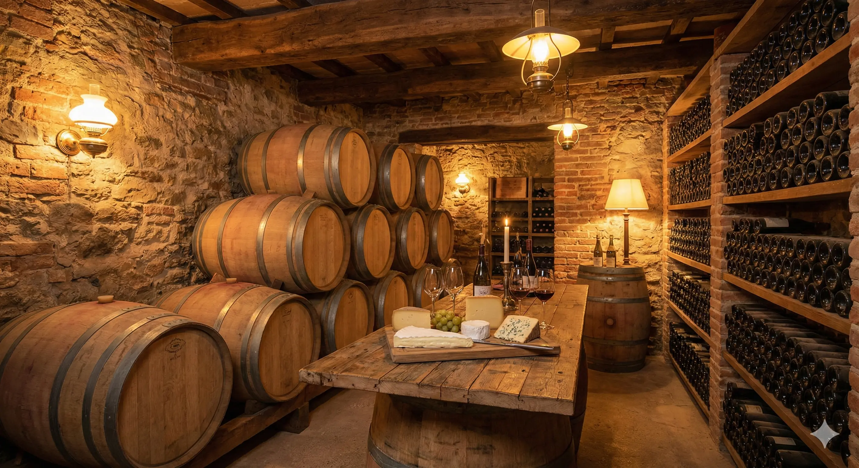 מרתף יינות וגבינות עם חביות עץ ואווירה חמימה