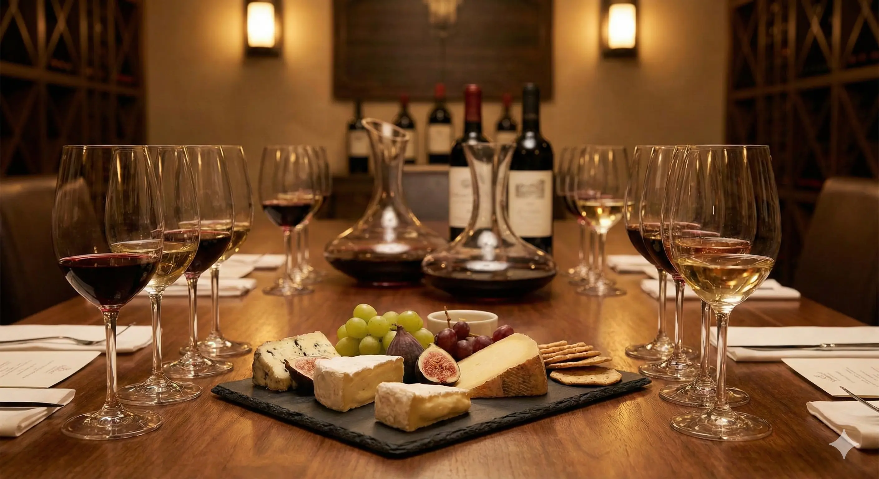 שולחן ערוך לטעימות יין עם כוסות וגבינות באווירה יוקרתית