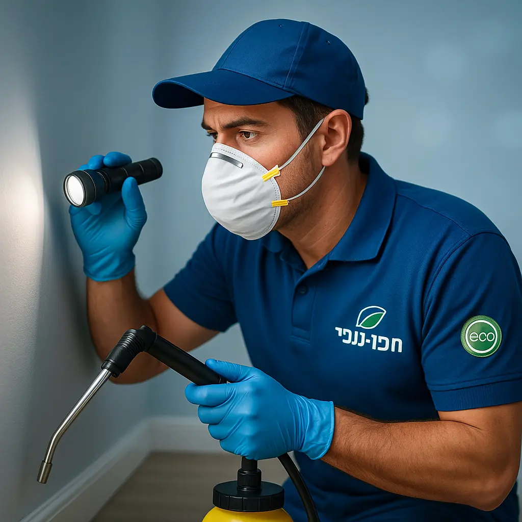 מדביר מקצועי של חברת אומן ההדברה בוחן פינה בבית לקוח