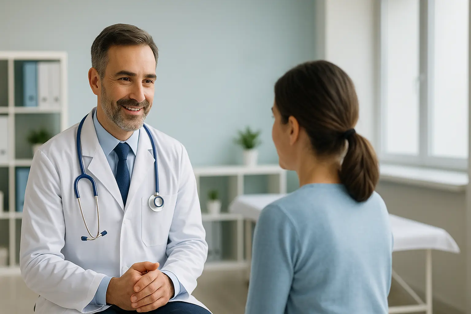 רופא משוחח עם מטופלת במרפאה