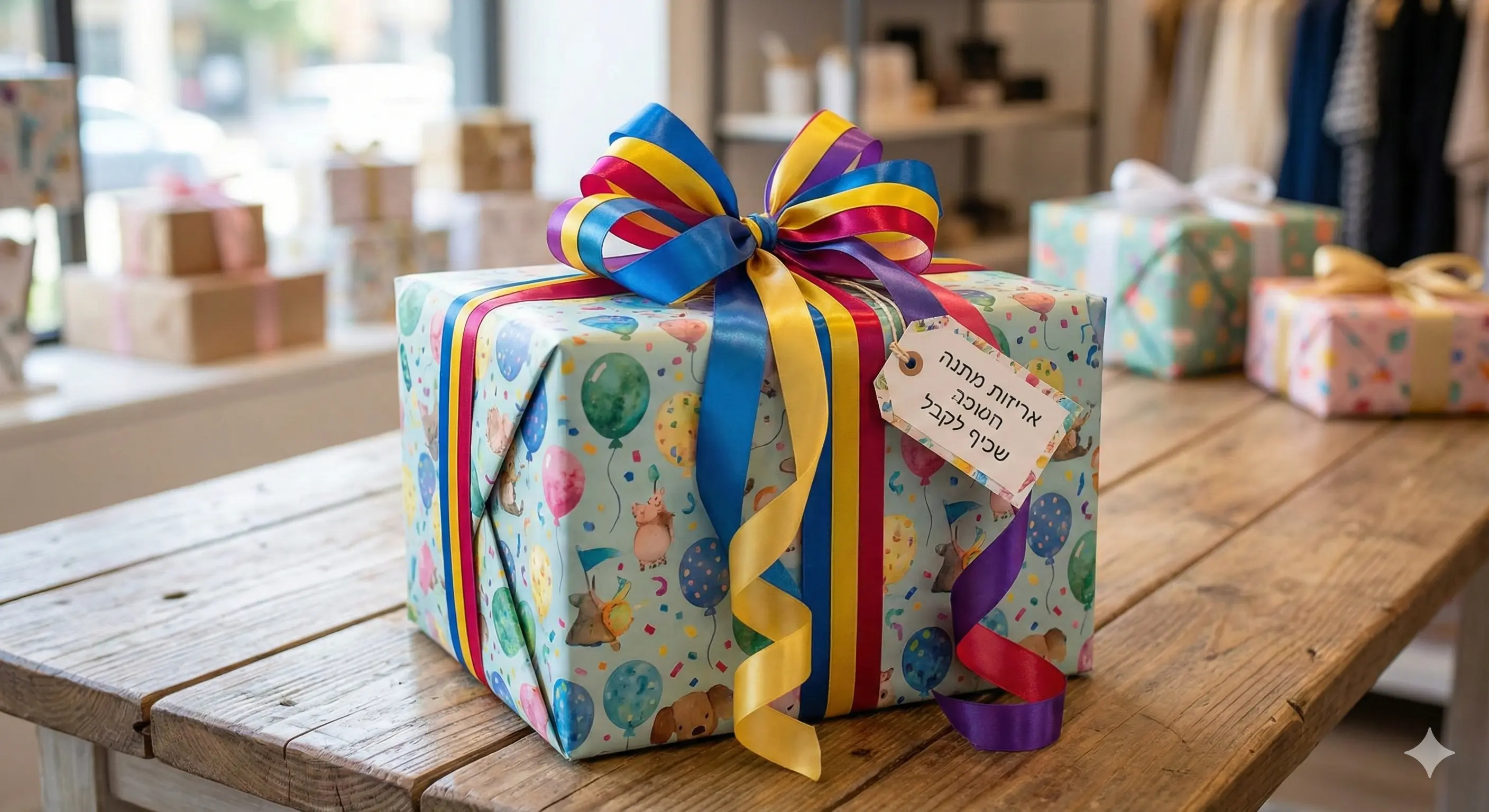 אריזת מתנה יפהפיה עם סרט צבעוני