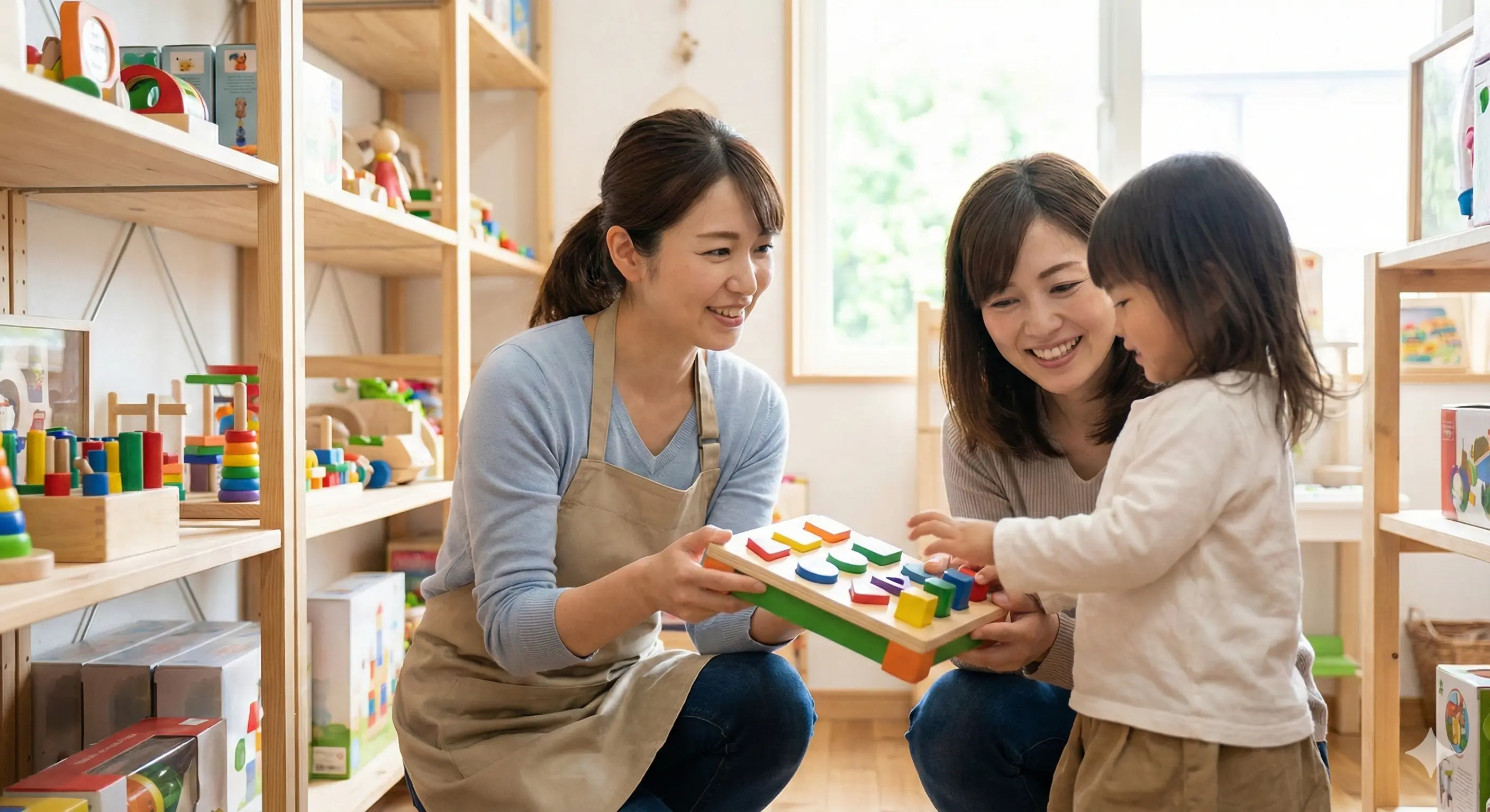 בעלת חנות צעצועים מסייעת לאמא ובתה לבחור משחק התפתחות