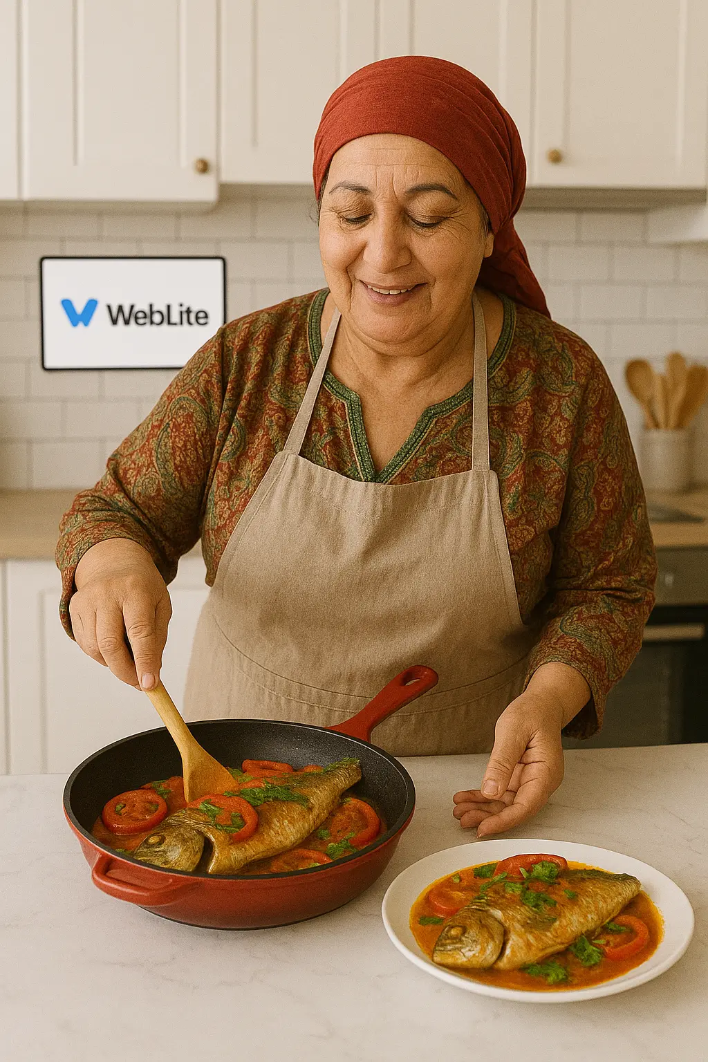 בשלנית ביתית מכינה אוכל במטבח שלה עבור עסק הקייטרינג עם אתר של WebLite