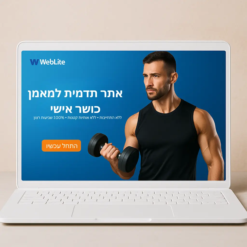 מוקאפ אתר מאמן כושר אישי של WebLite על מחשב נייד לבן