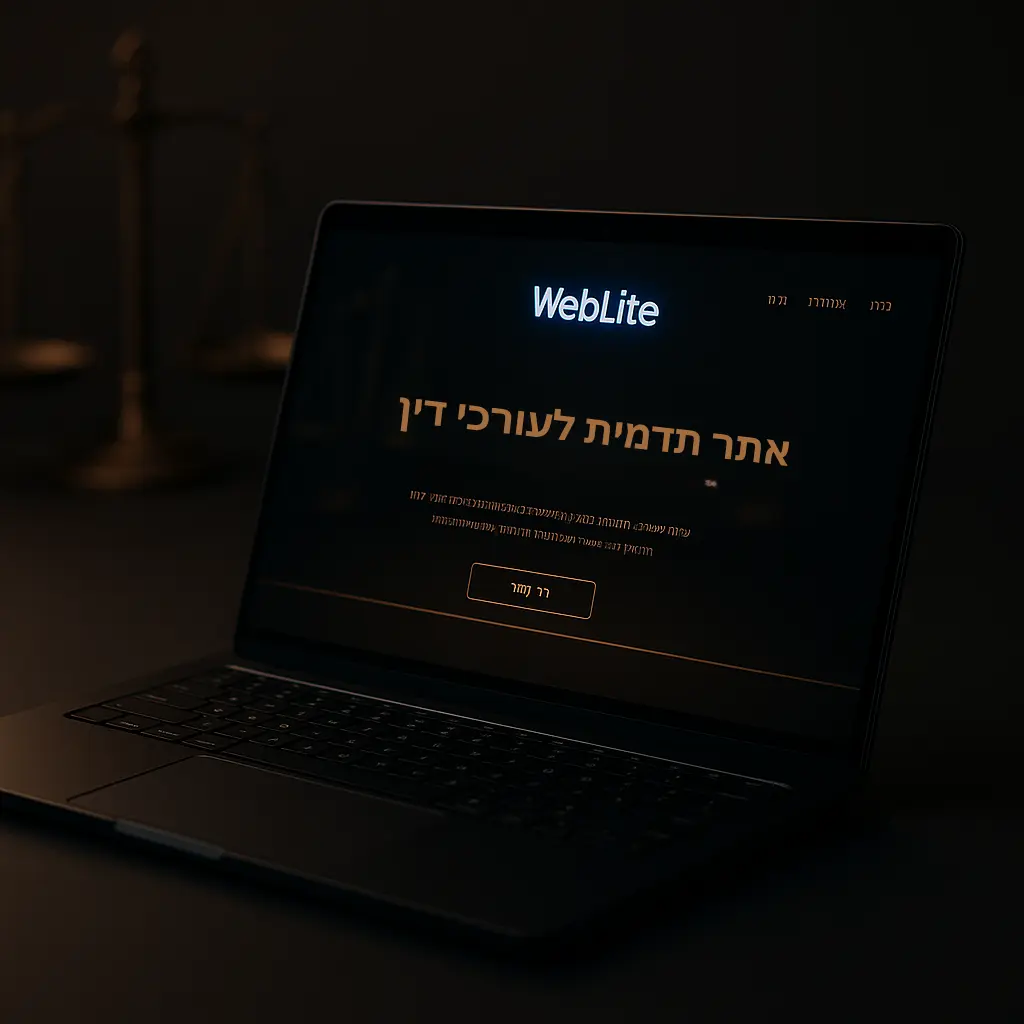מוקאפ אתר עורכי-דין יוקרתי של WebLite על-גבי מחשב נייד שחור-מט