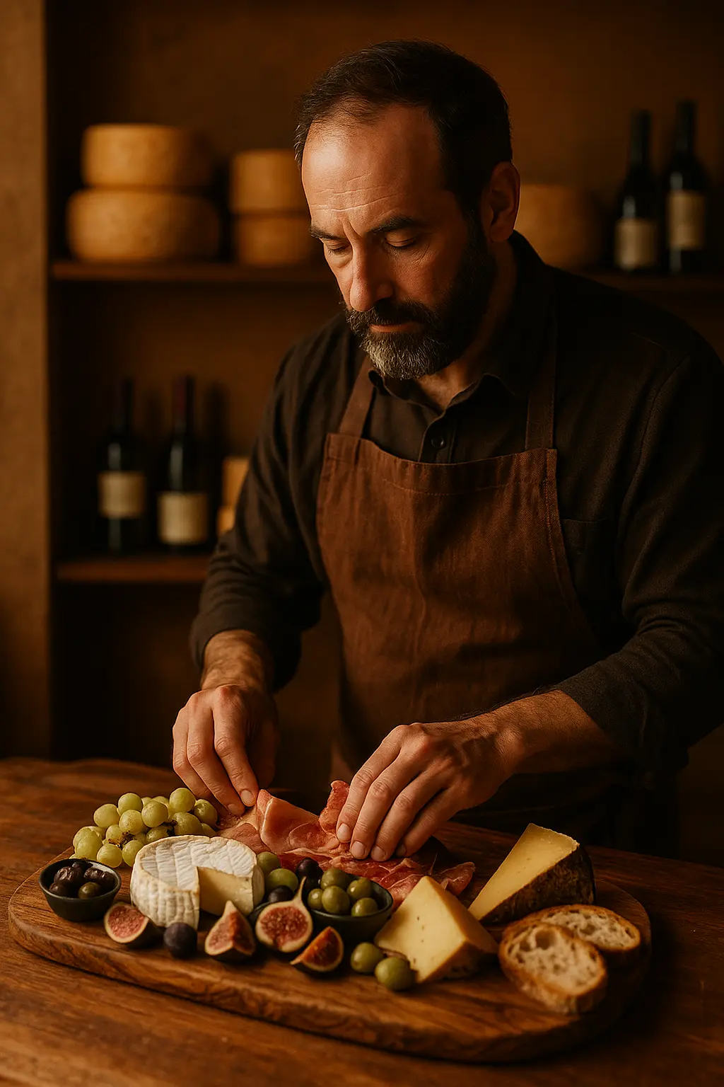 בעל מעדנייה מסדר מגש גבינות ופירות על דלפק עץ