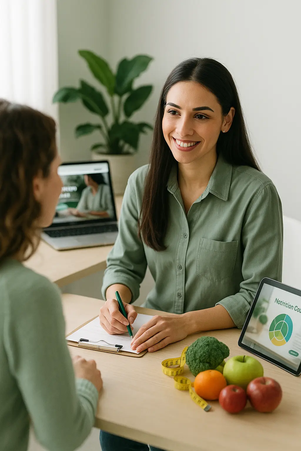 יועצת תזונה בפגישה עם לקוחה, עם אתר של WebLite ברקע