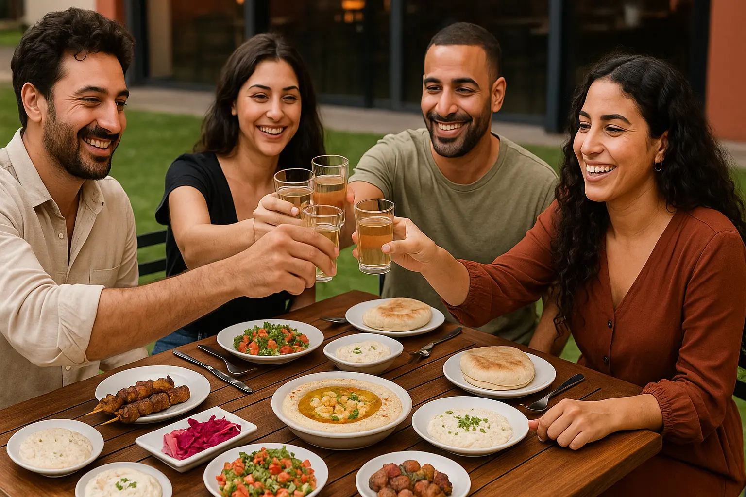 חבורת אנשים מרימים לחיים לצד מנות מהמסעדה – מסעדה עם אתר WebLite