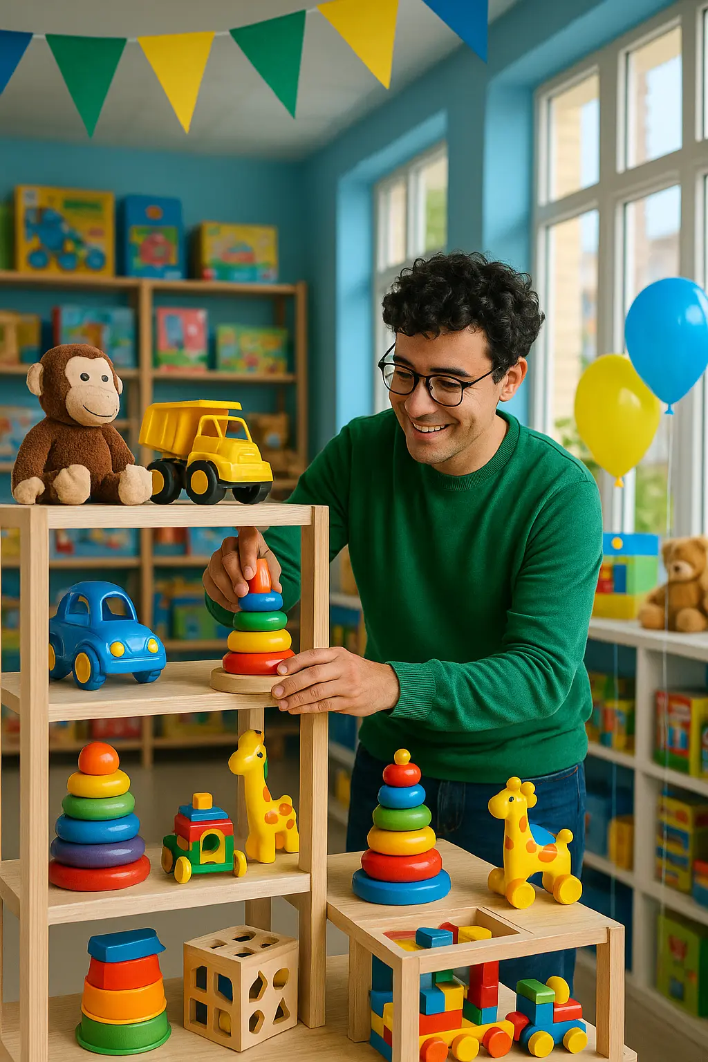 בעל חנות צעצועים מסדר משחקים על המדף בחנות שלו